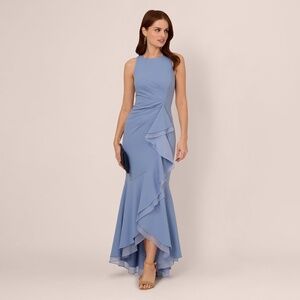 Adrianna Papell High Low Crepe Halter Gown With Organza Draping In French Blue S